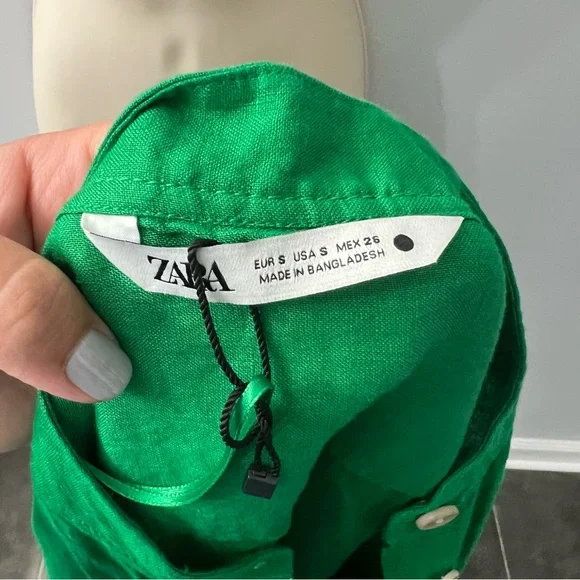 Zara Green Linen Longline Long Sleeve Tunic Button Down Dress Cover Up Small - Picture 10 of 13